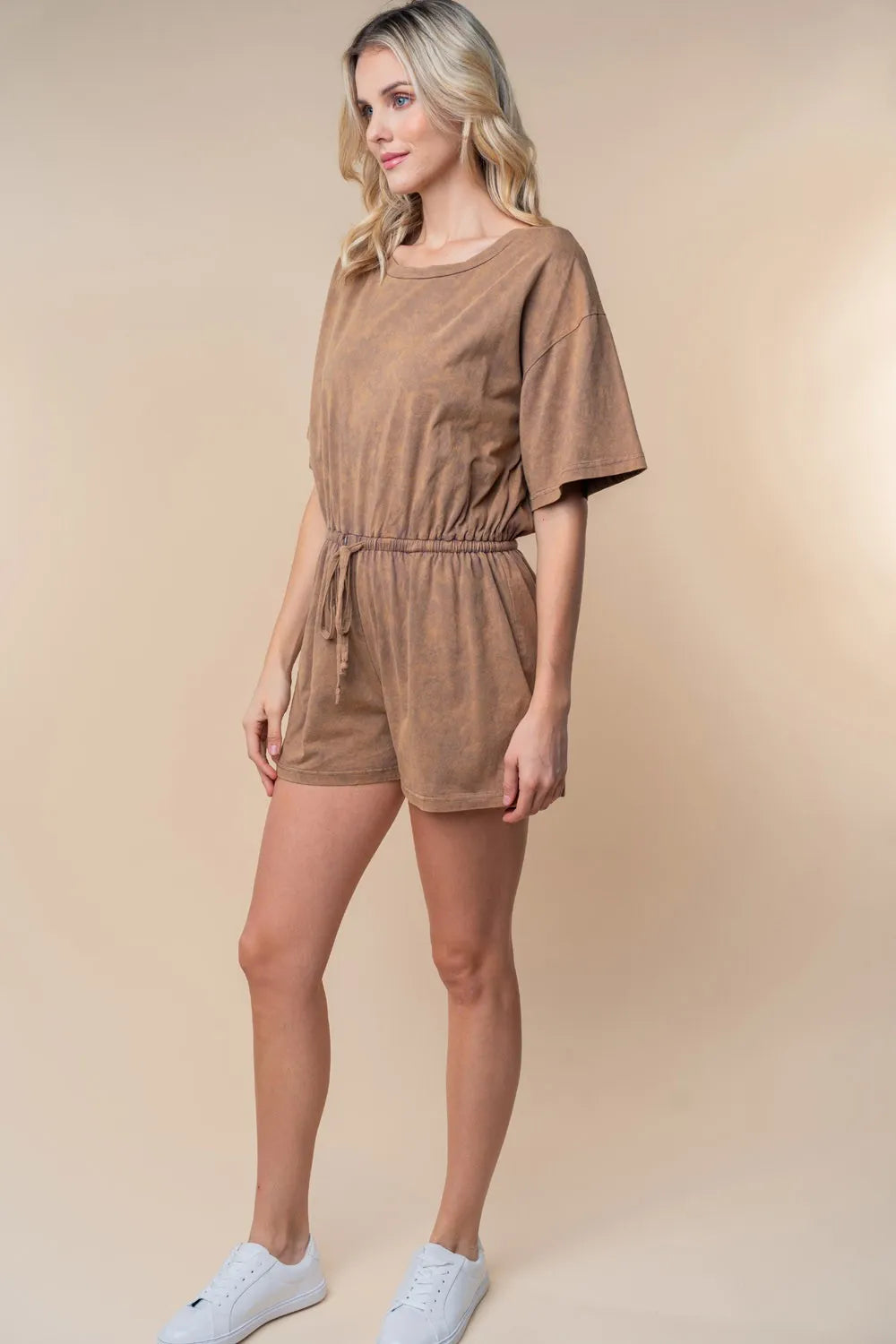 Plus Size Short Sleeve Drawstring Romper in Cocoa for Women