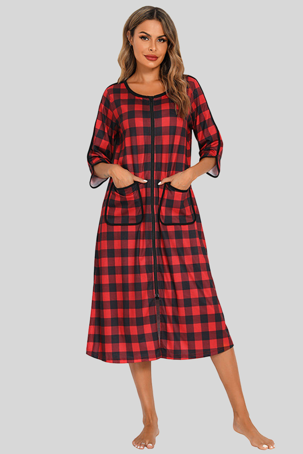 Round Neck Three-Quarter Sleeve Midi Night Dress in Heather Gray for Women