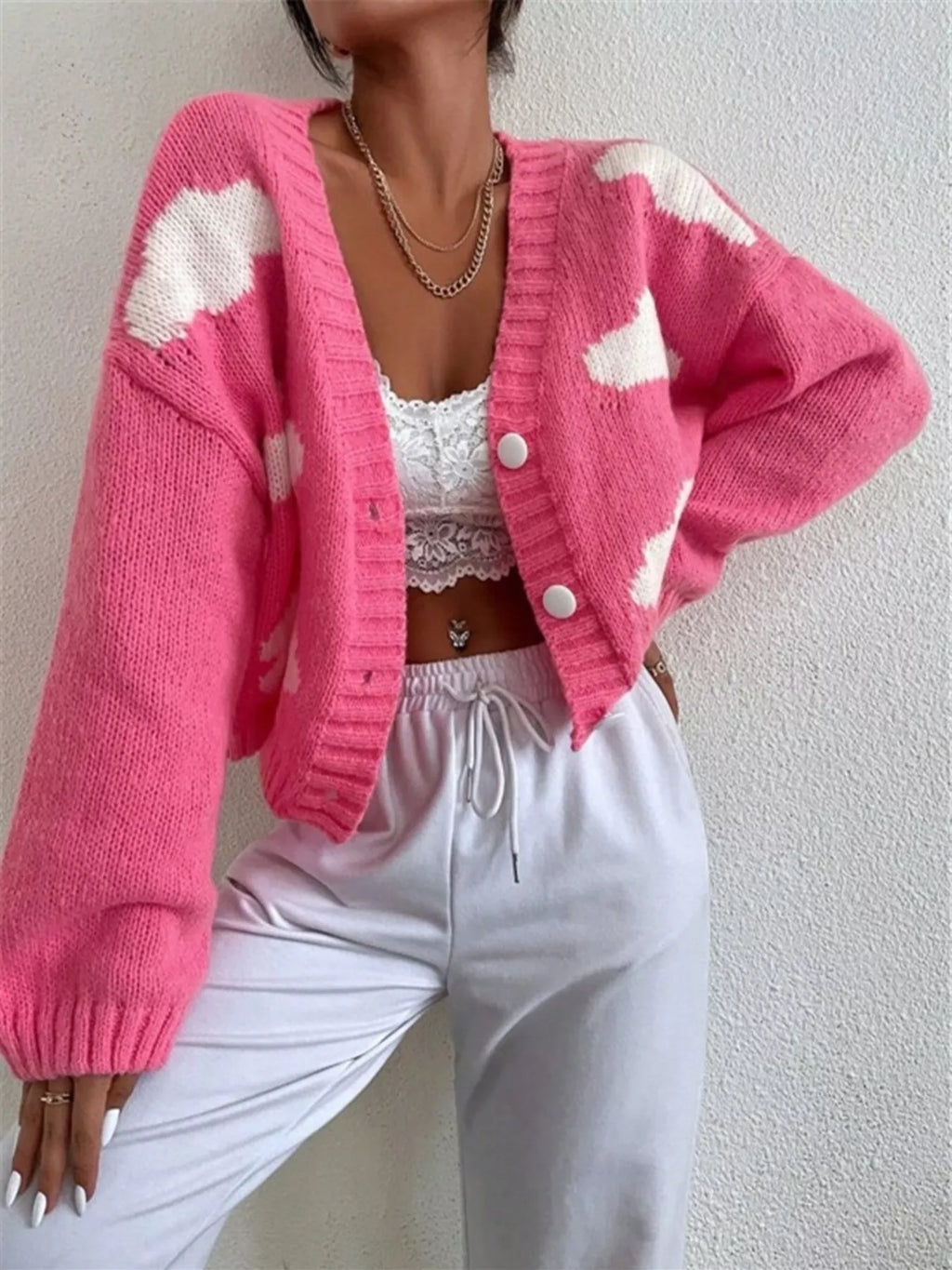 Cloud Button Up Knit Cardigan in Hot Pink for Women