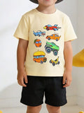 Vehicle Print Crew Neck Short Sleeve T-Shirt in Cream for Boys