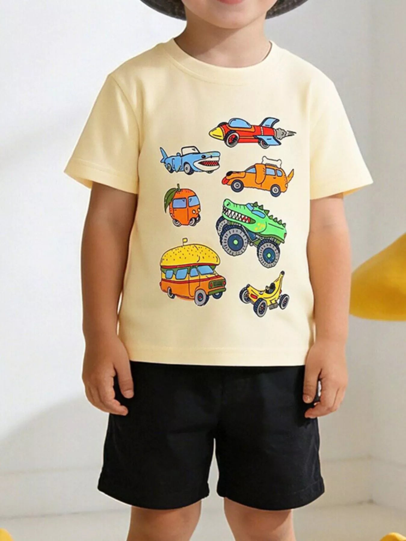 Vehicle Print Crew Neck Short Sleeve T-Shirt in Cream for Boys