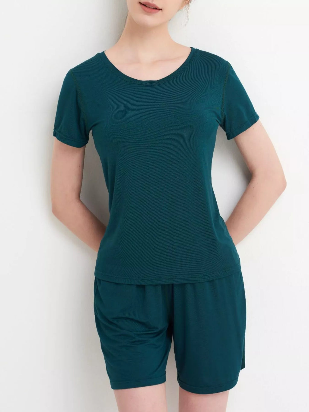 Plus Size Padded Round Neck Modal T-Shirt and Shorts Set in Heather Gray for Women