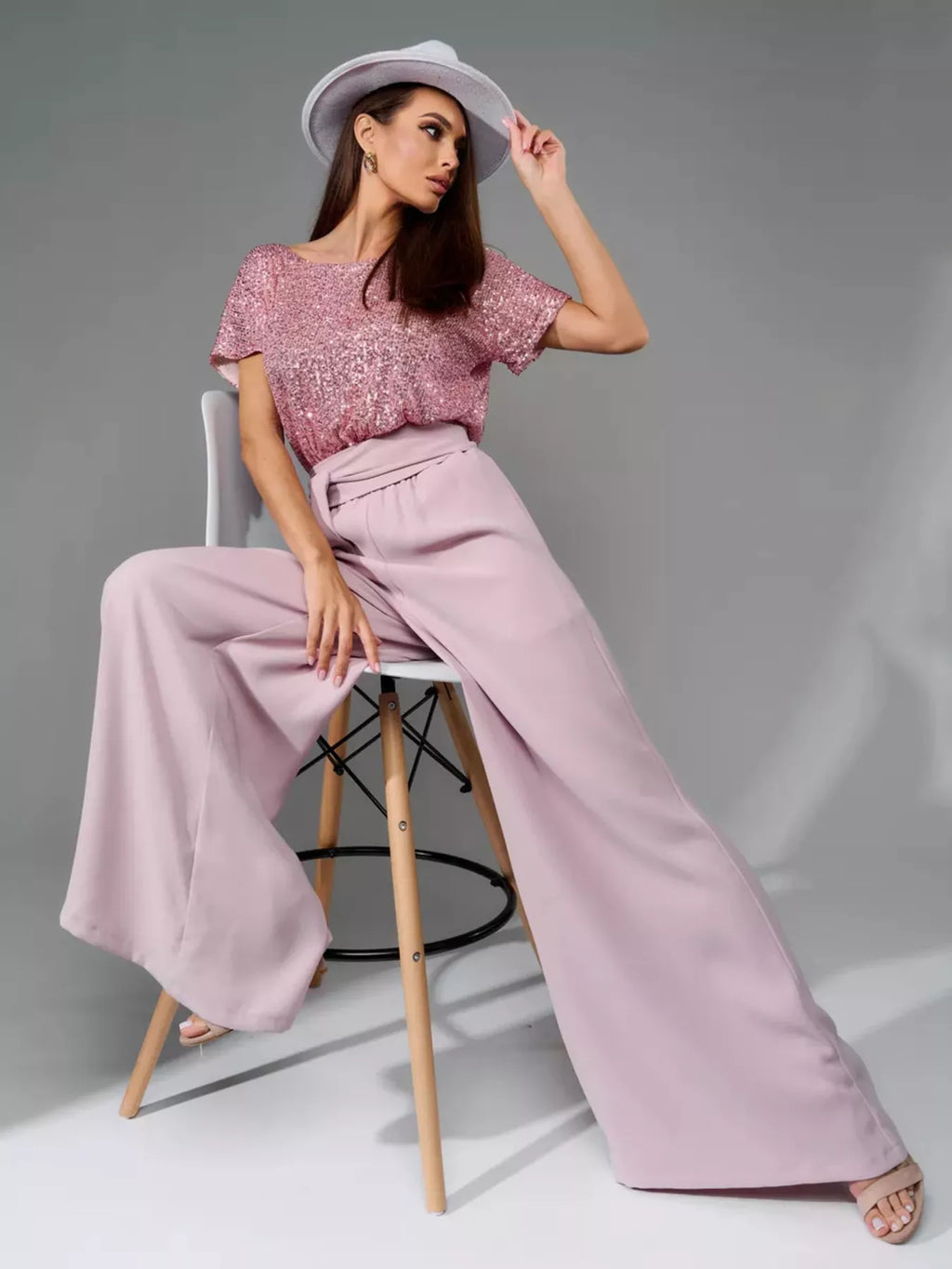 Plus Size Sequin Short Sleeve Wide Leg Jumpsuit in Pink for Women