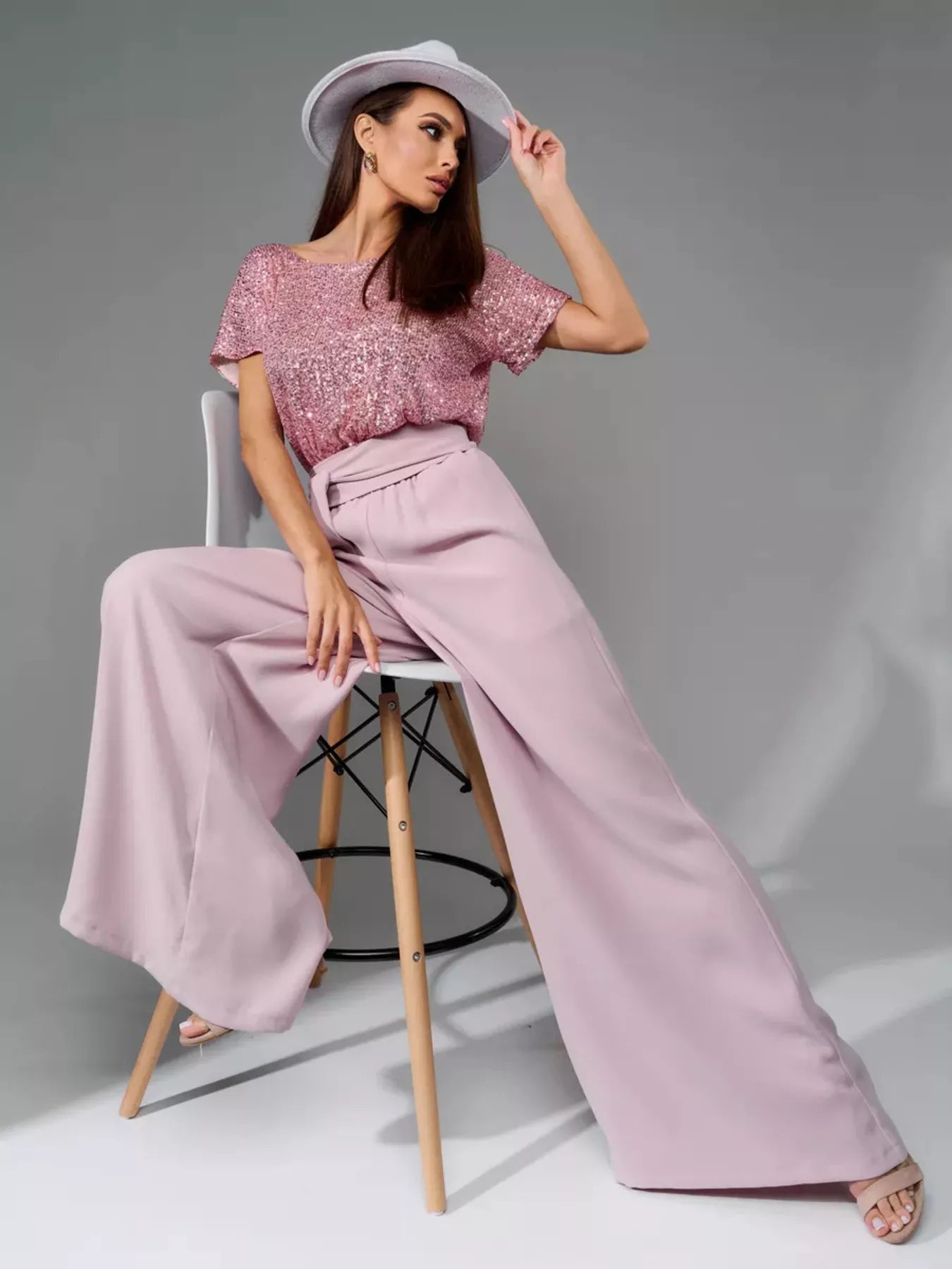 Plus Size Sequin Short Sleeve Wide Leg Jumpsuit in Pink for Women