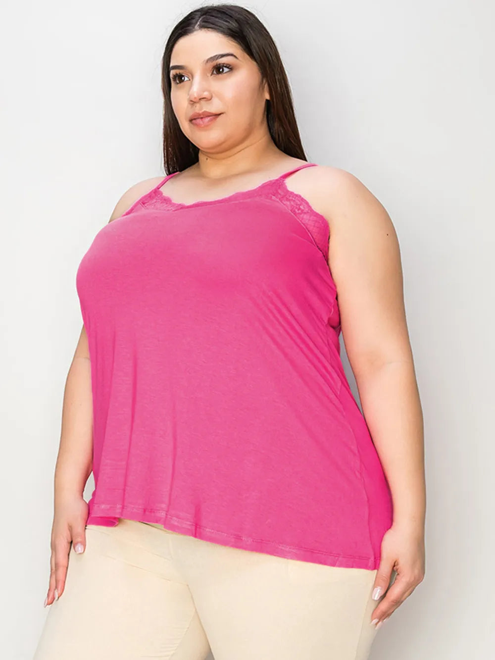 Plus Size Lace Trim V-Neck Cami in Mocha for Women