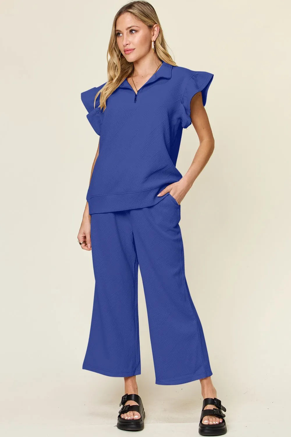 Texture Ruffle Short Sleeve Top and Drawstring Wide Leg Pants Set in Cream for Women