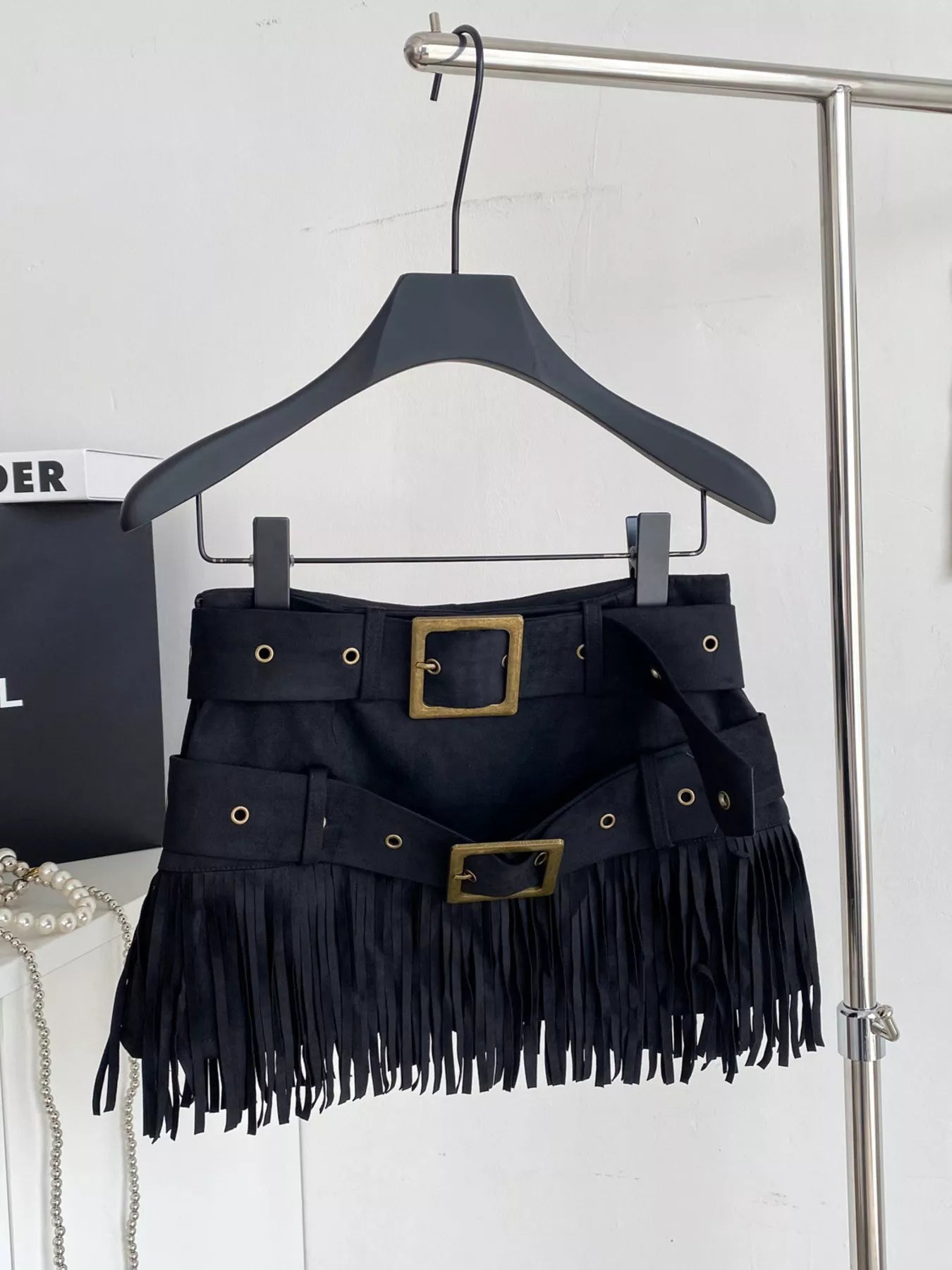 Fringe Belted Mini Skirt in Black for Women