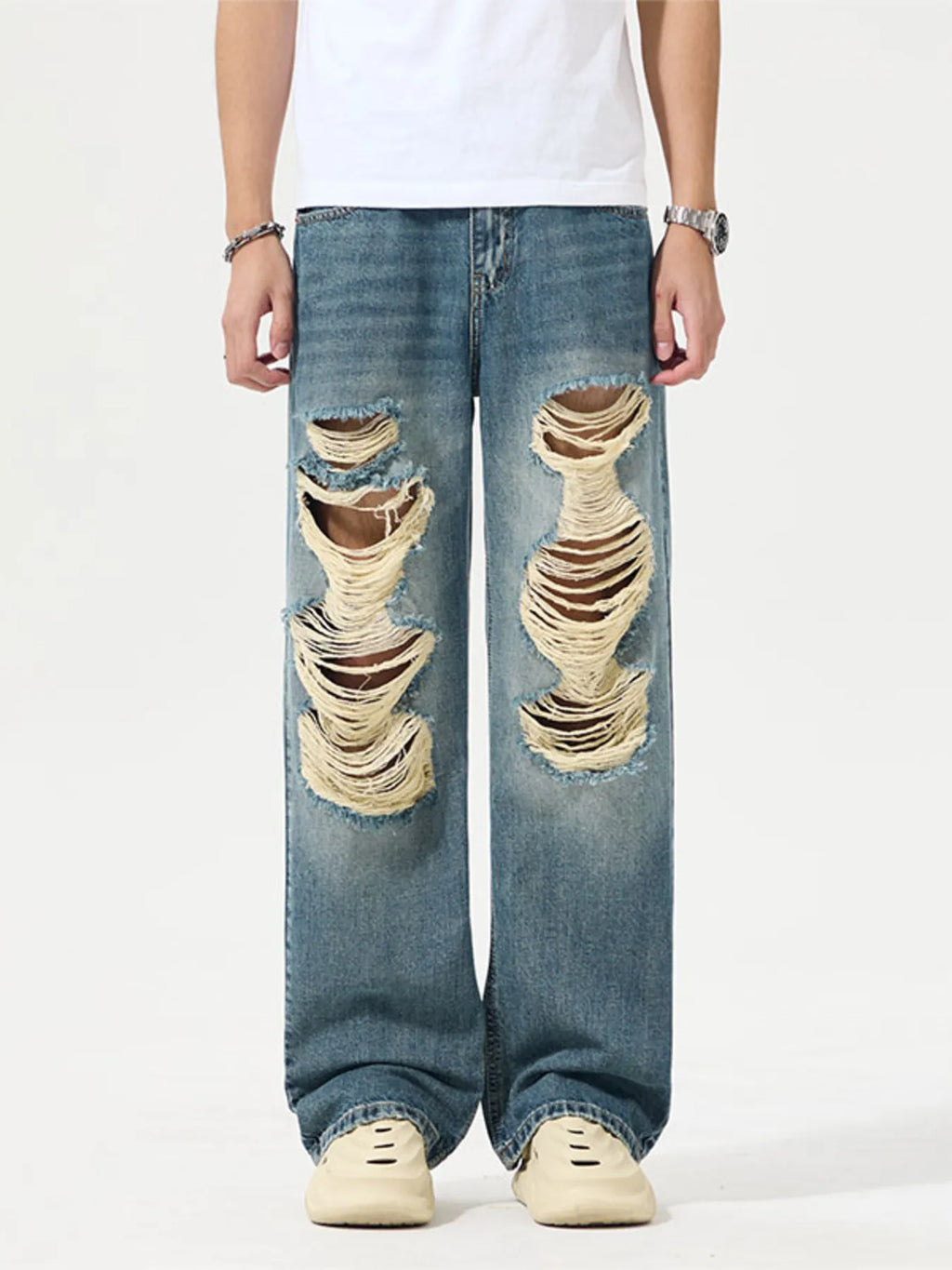 Distressed Wide Leg Jeans Plus Size in Blue for Men