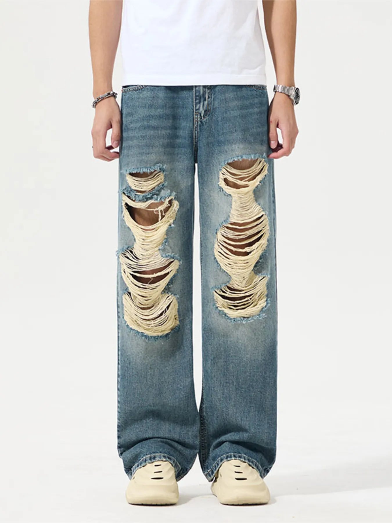 Distressed Wide Leg Jeans Plus Size in Blue for Men