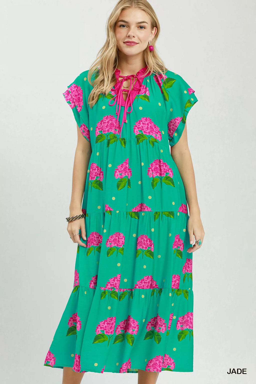 Hydrangea Print Tiered Midi Dress in Jade for Women