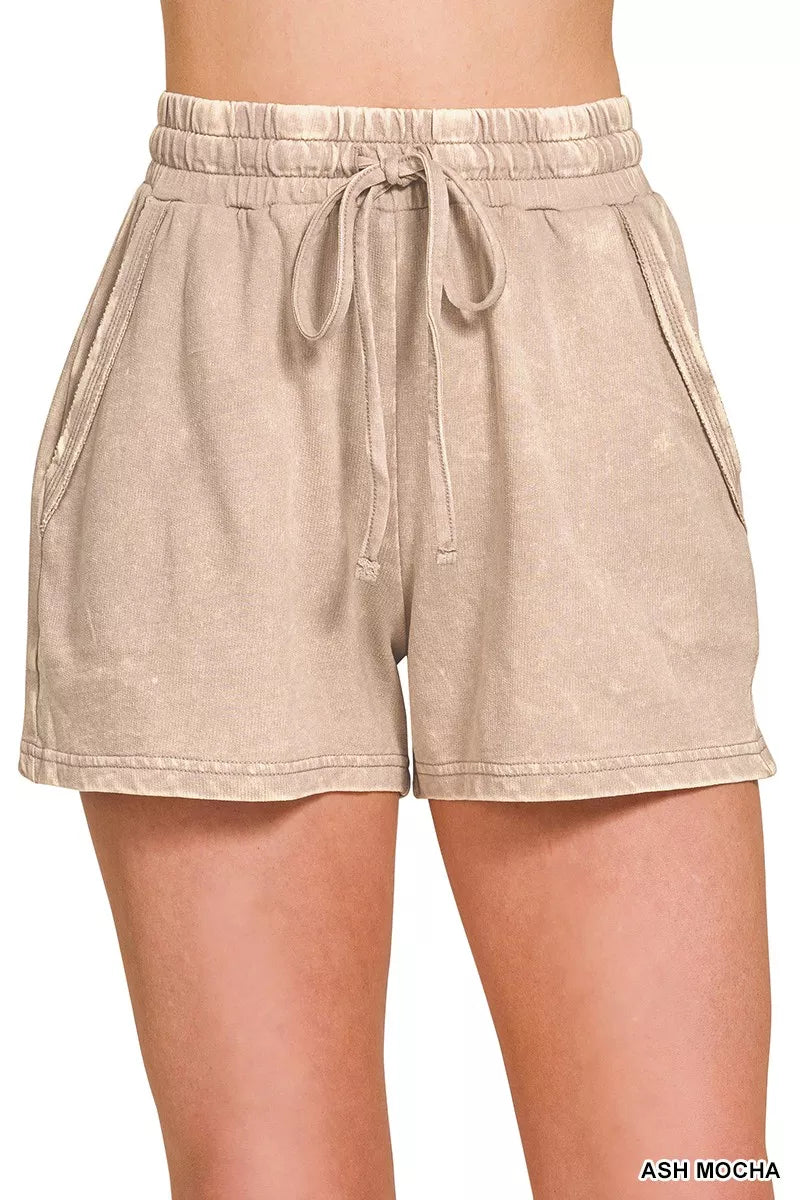 French Terry Acid Washed Relaxed Top & Short Set in Mocha for Women