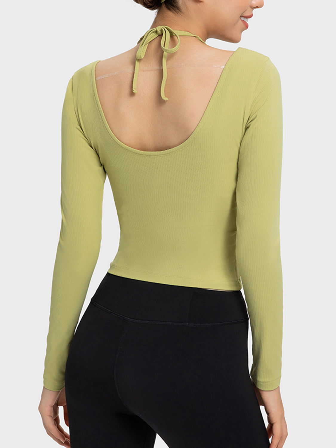 Halter Neck Long Sleeve Sporty Top in Yellow-Green for Women