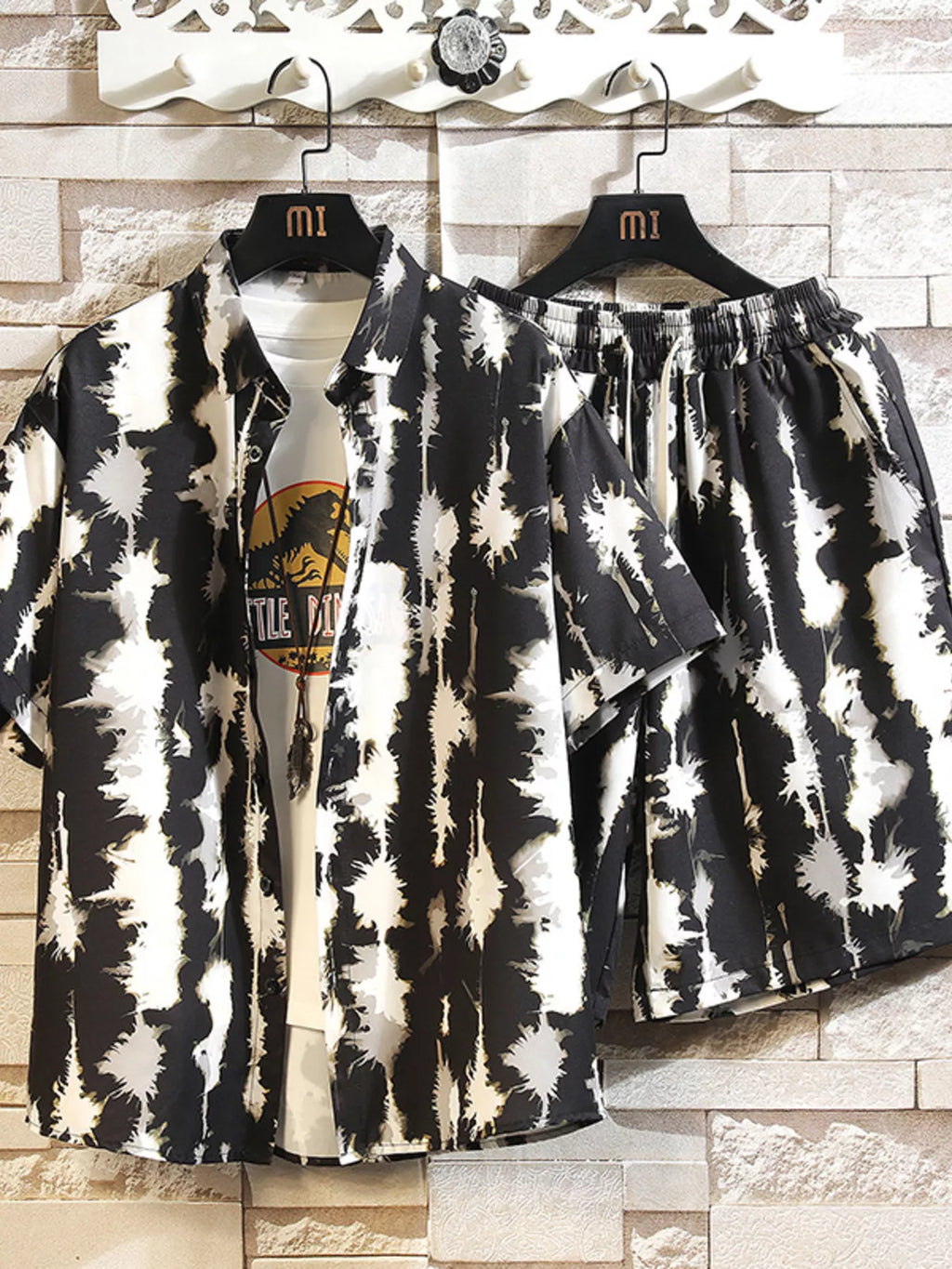 Printed Button Up Shirt and Shorts Set in Black for Men