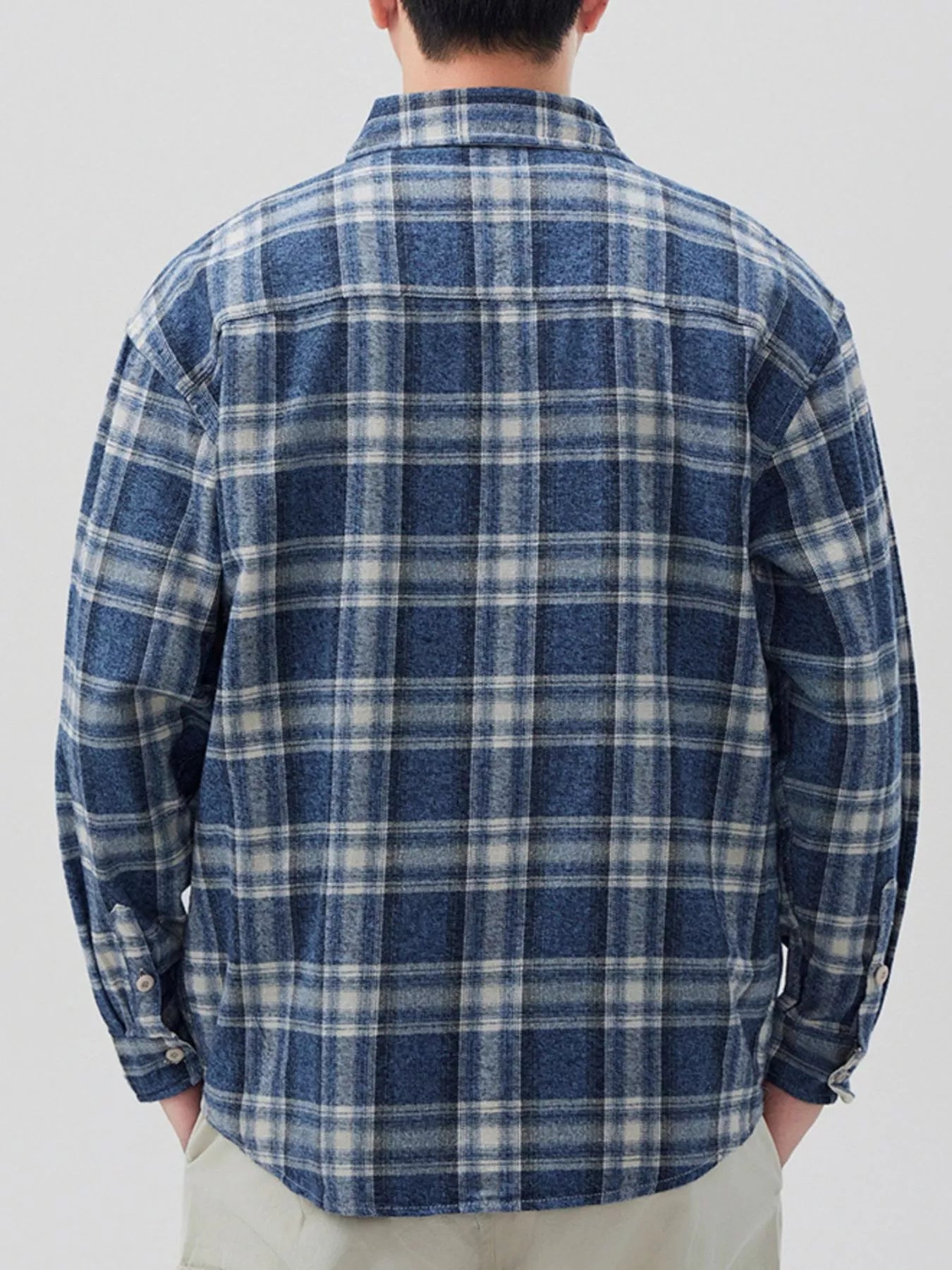Plus Size Plaid Button Down Shirt with Contrast Pocket in Pink for Men