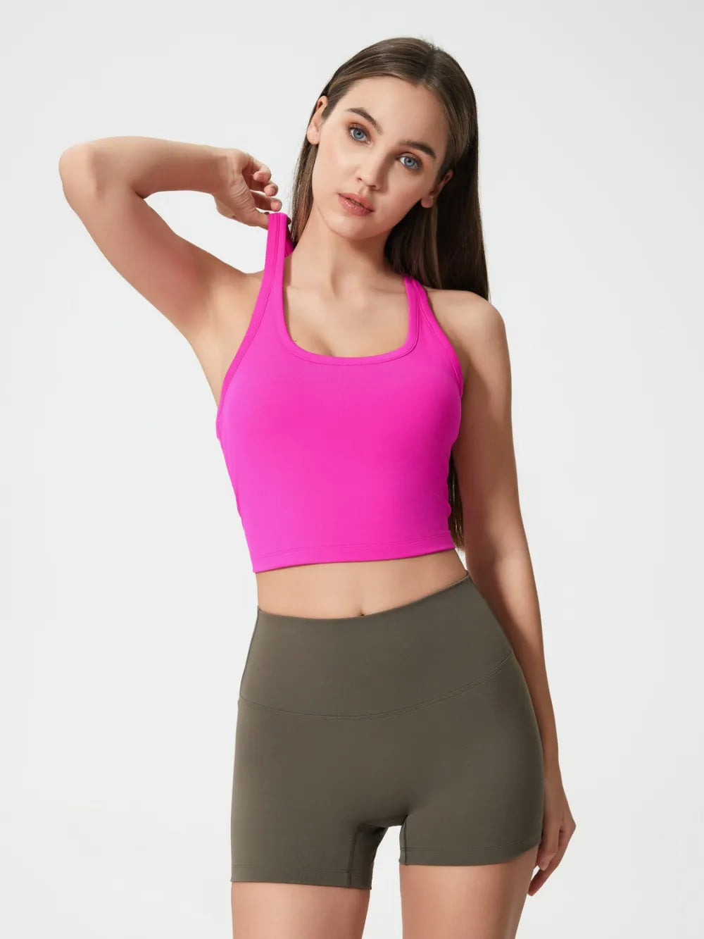 Scoop Neck Active Tank with Detachable Chest Pads in Hot Pink for Women