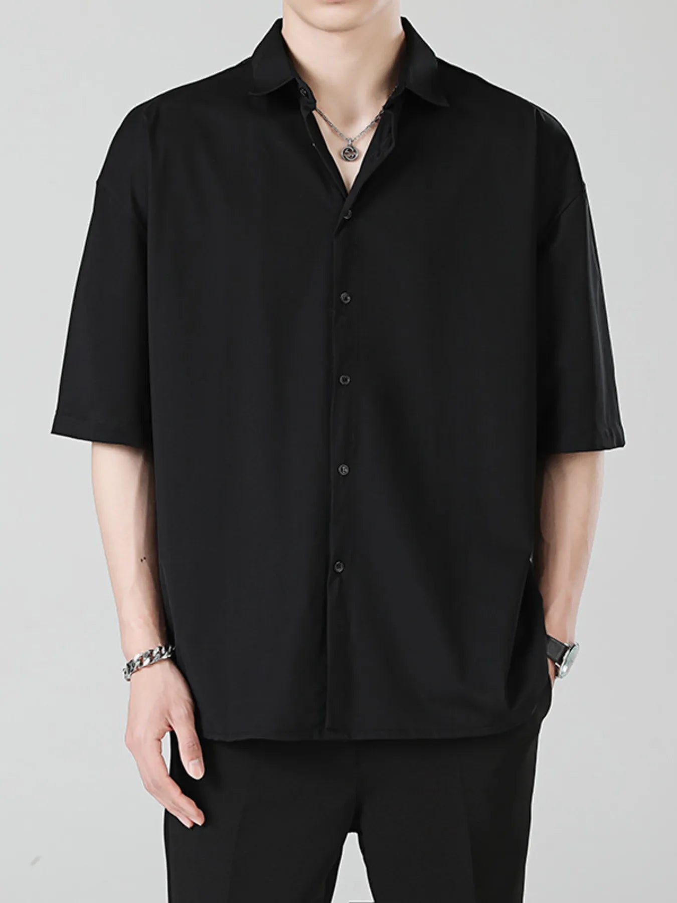Button Up Short Sleeve Shirt Plus Size in Black for Men