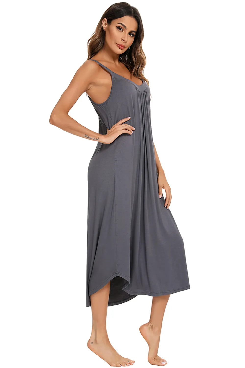 V-Neck Midi Lounge Dress in Dark Gray for Women