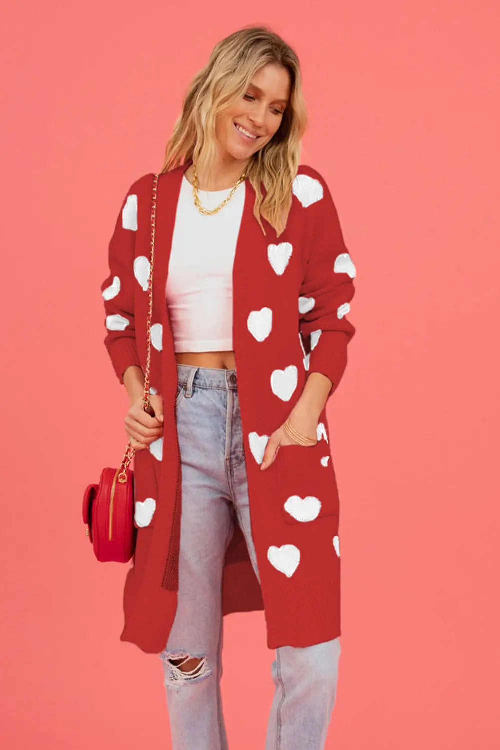 Heart Graphic Open Front Cardigan with Pockets in Red for Women