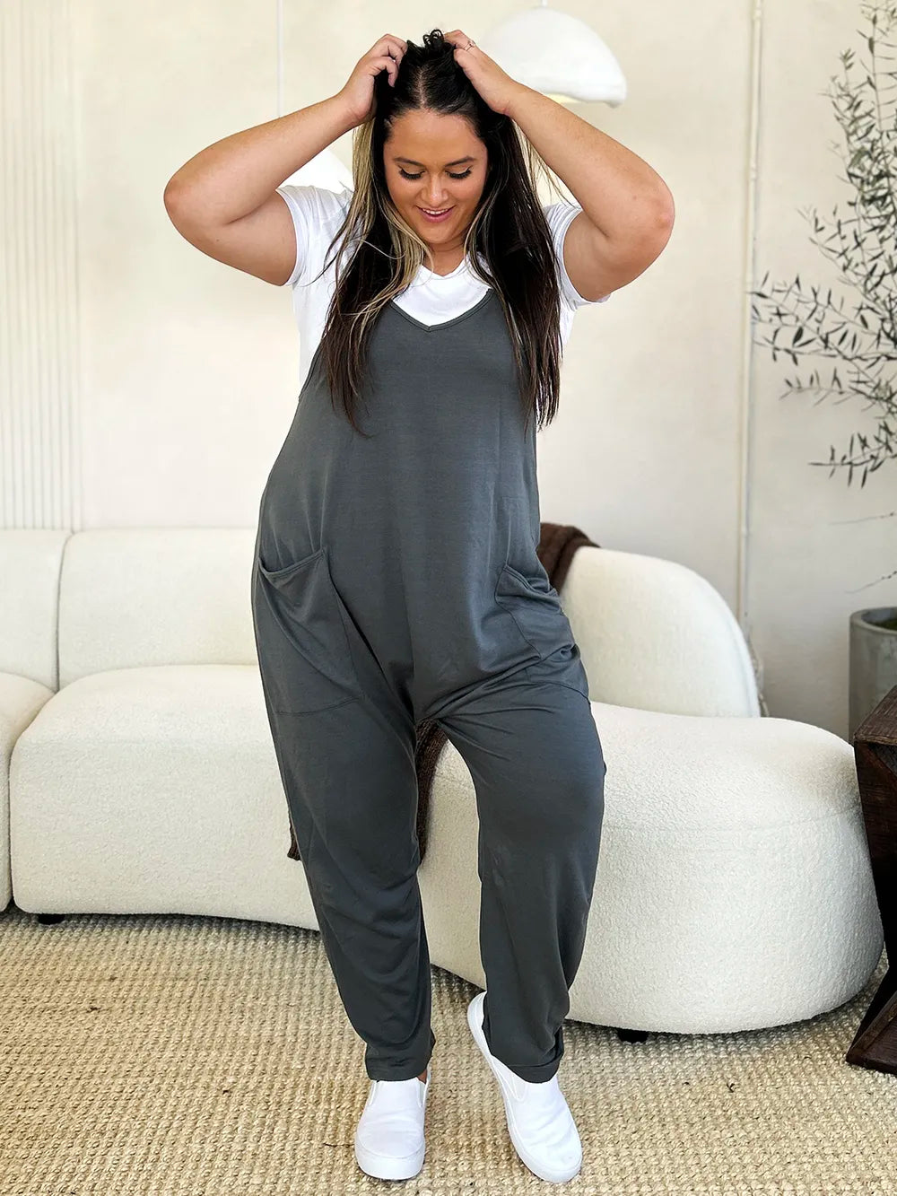 Plus Size Sleeveless V-Neck Pocketed Jumpsuit in Dark Gray for Women