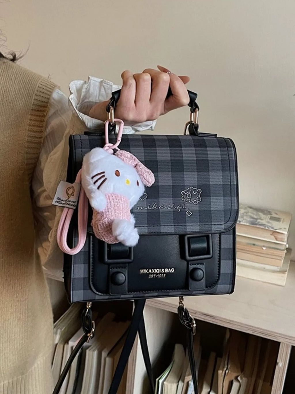 Plaid Pattern Embroidered Flap Backpack Bag for Women