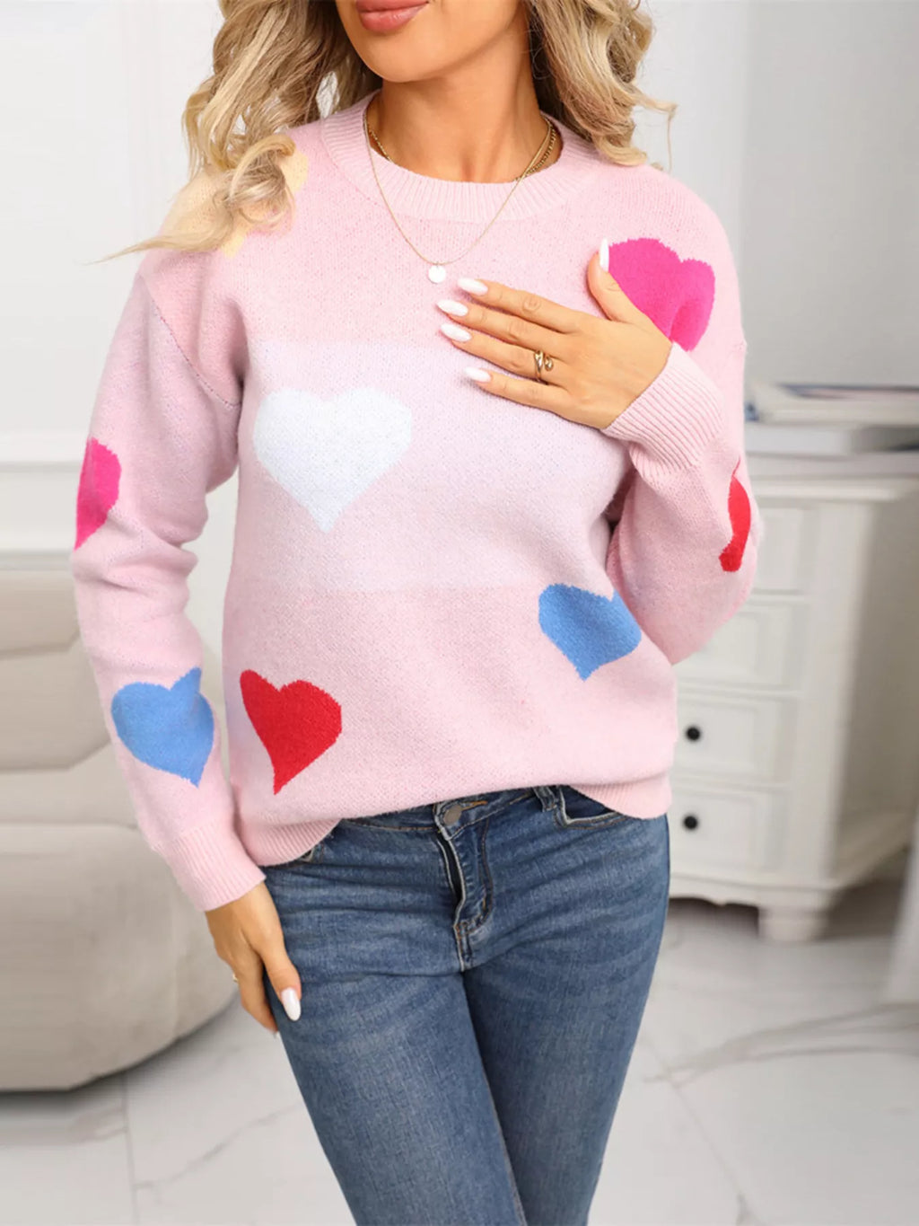 Valentines Day Heart Round Neck Dropped Shoulder Sweater in Pink for Women