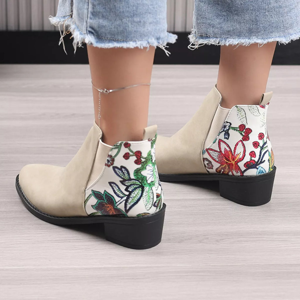 Point Toe Block Heels Ankle Boots in Green Pattern for Women