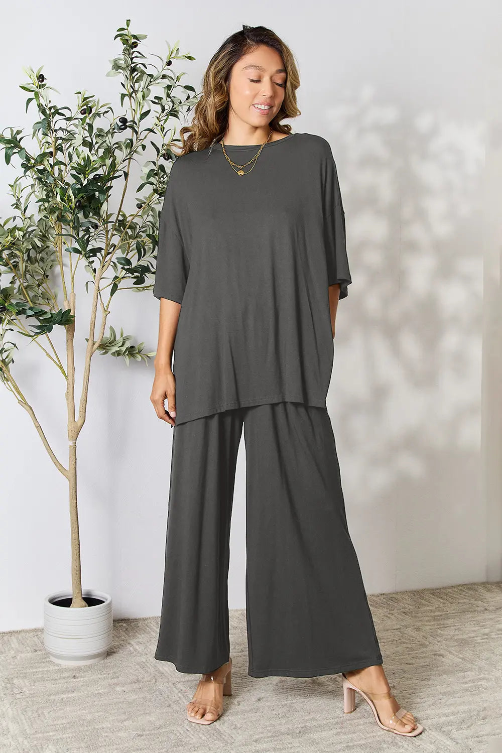 Plus Size Round Neck Slit Top and Pants Set in Teal for Women