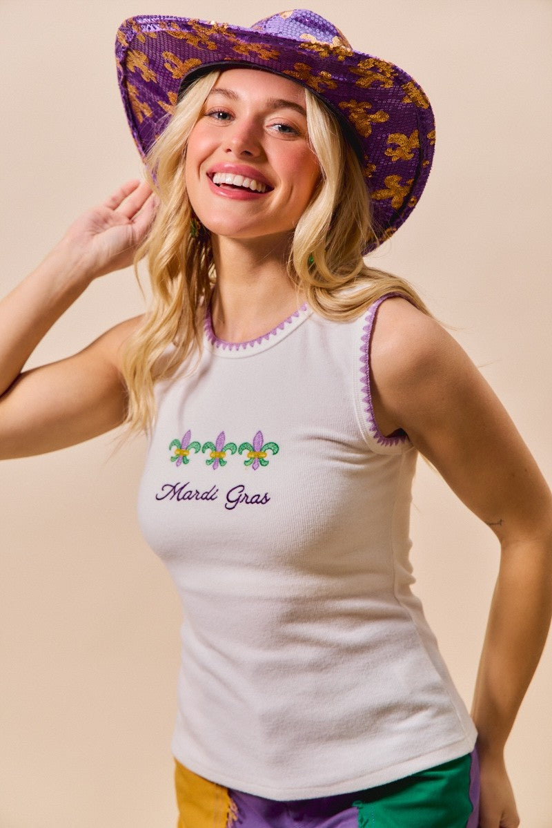Mardi Gras Tank Top with Contrast Blanket Stitch for Women
