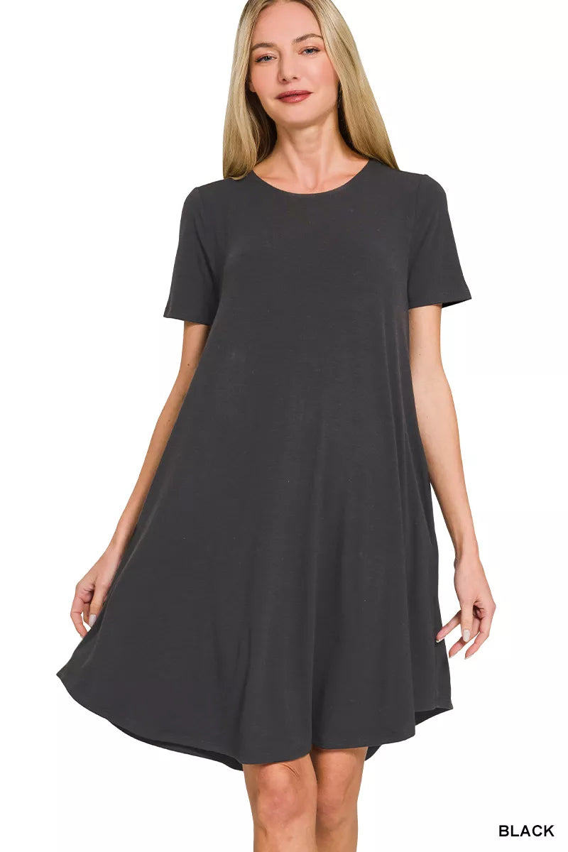 Short Sleeve Round Hem a-Line Dress with Side Pockets in Black for Women