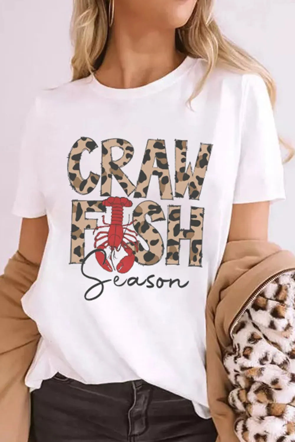 Crawfish Season Leopard Round Neck Short Sleeve T-Shirt in White for Women