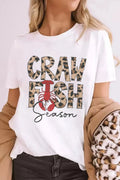 Crawfish Season Leopard Round Neck Short Sleeve T-Shirt in White for Women