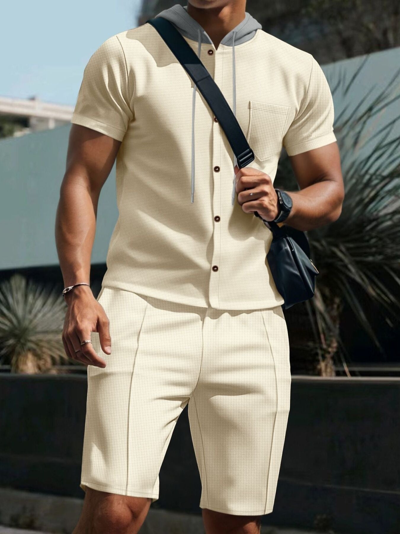 Casual Hooded Top & Shorts Set Plus Size in Grey for Men