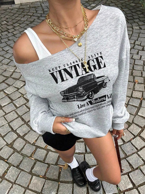 Asymmetrical Neck Long Sleeve Sweatshirt in Gray for Women