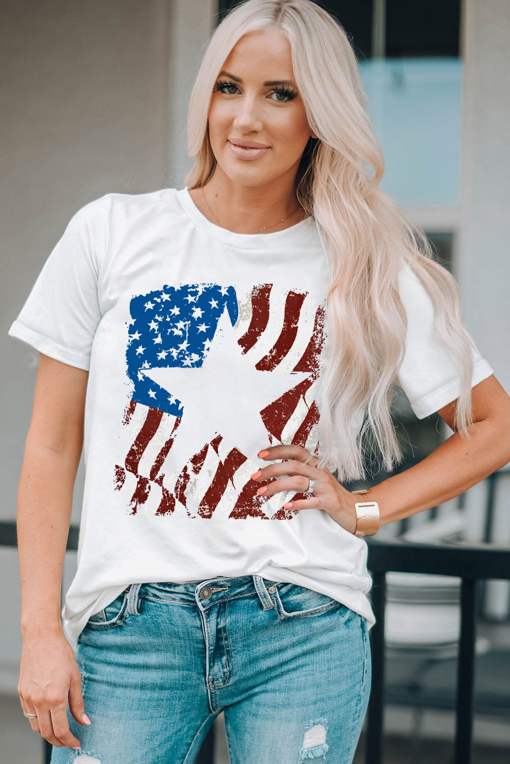 Us Flag Graphic Round Neck Tee in White for Women