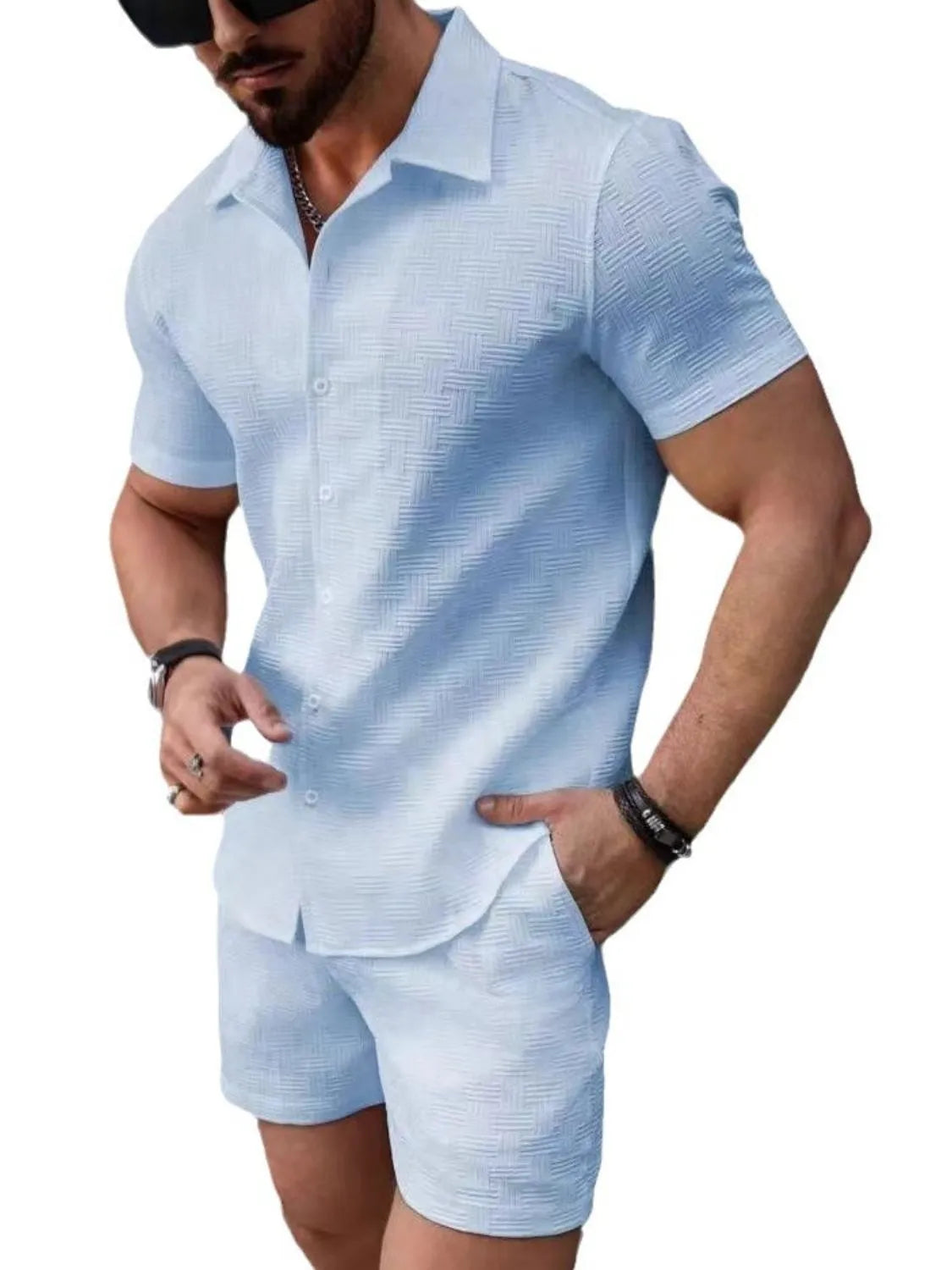 Button Up Short Sleeve Shirt and Shorts Set in Light Blue in White for Men