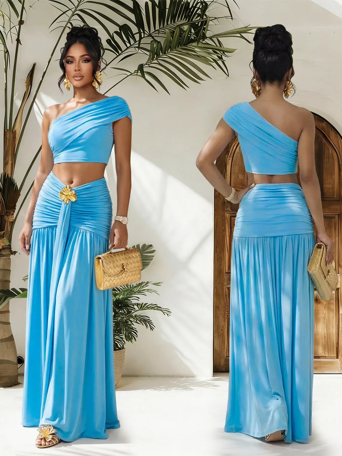 One-Shoulder Top and Ruched Maxi Skirt Set in Sky Blue for Women