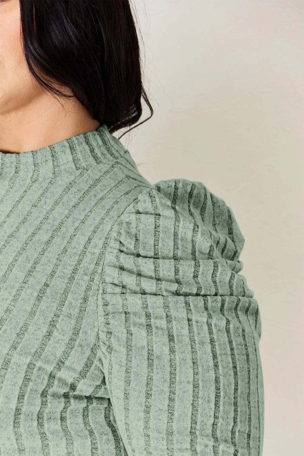 Plus Size Ribbed Mock Neck Puff Sleeve T-Shirt in Khaki for Women