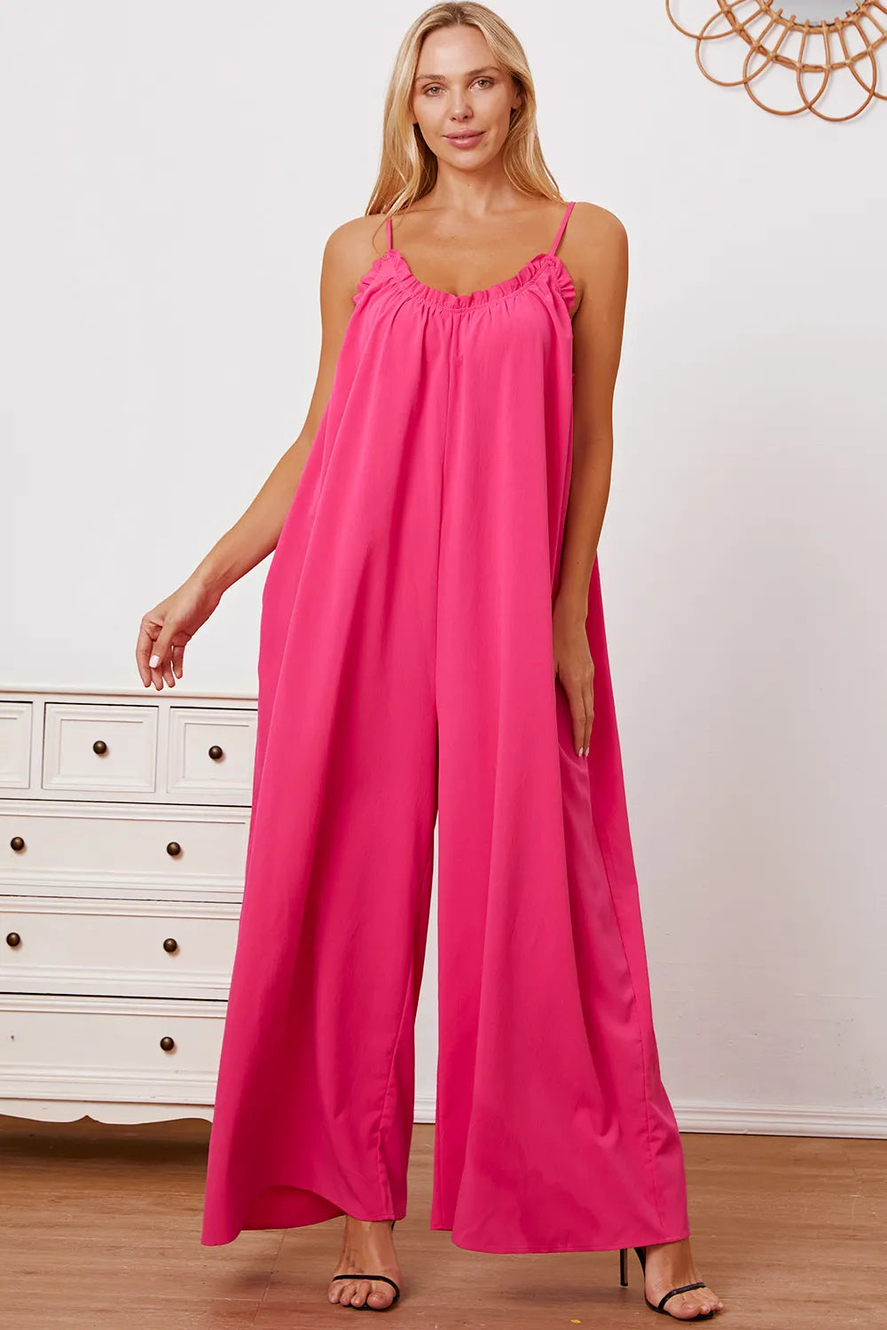 Plus Size Ruffle Trim Tie Back Cami Jumpsuit with Pockets in Hot Pink for Women