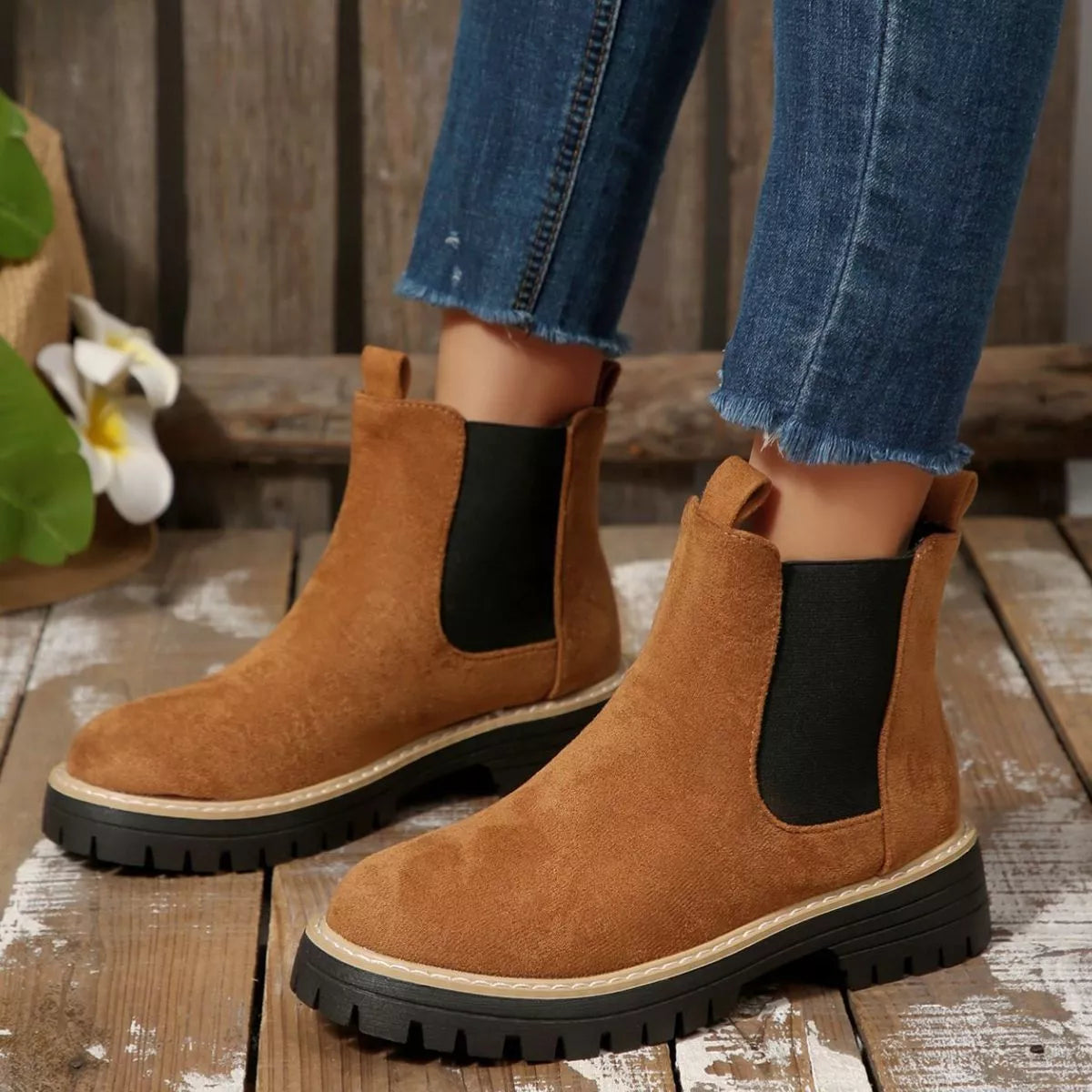 Round Toe Block Heels Boots in Classic in Brown for Women
