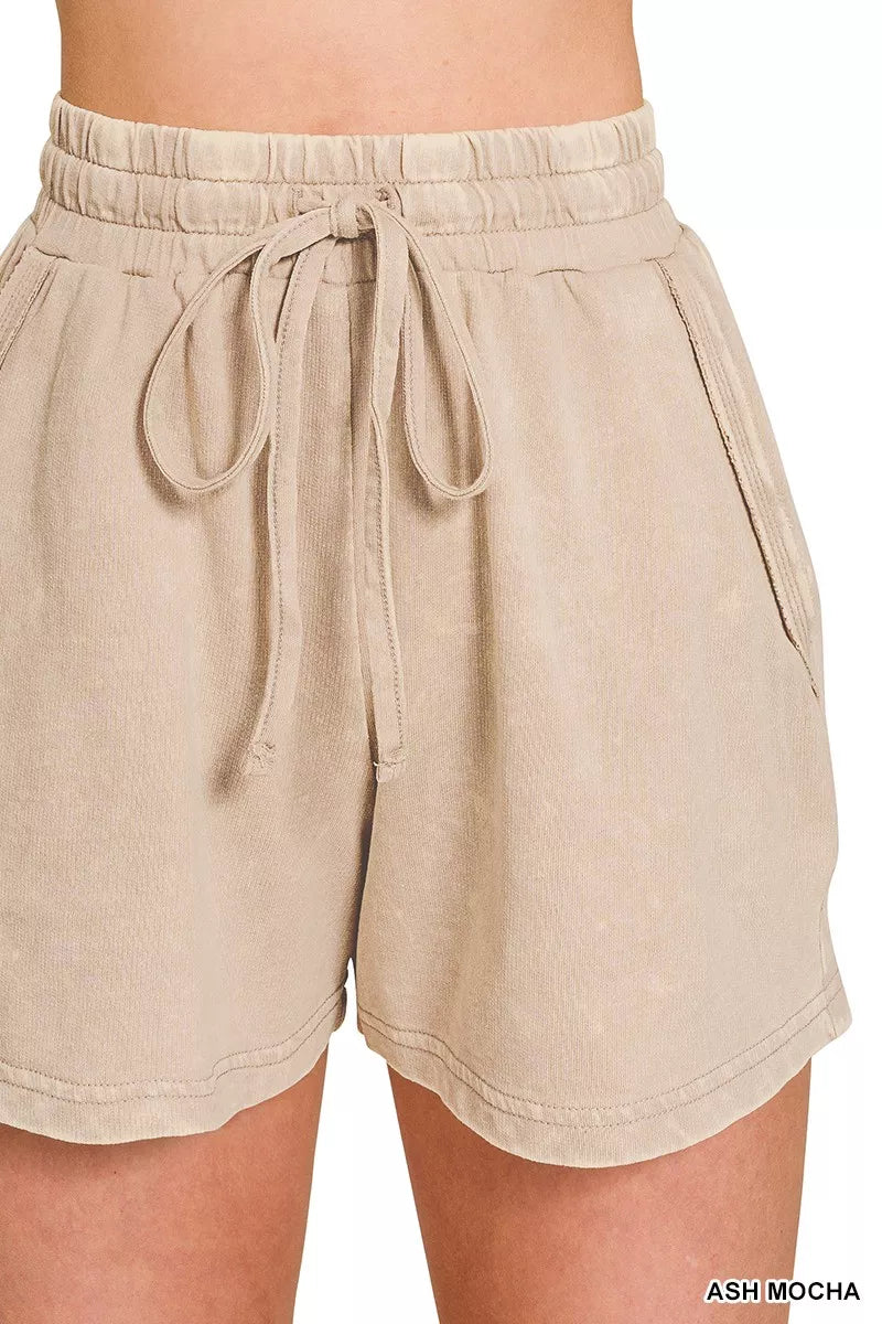 French Terry Acid Washed Relaxed Top & Short Set in Mocha for Women