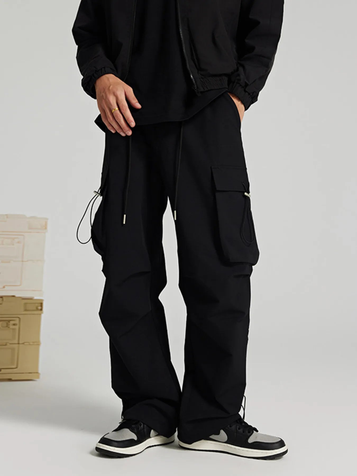 Wide Leg Pants with Cargo Pockets in Black for Men