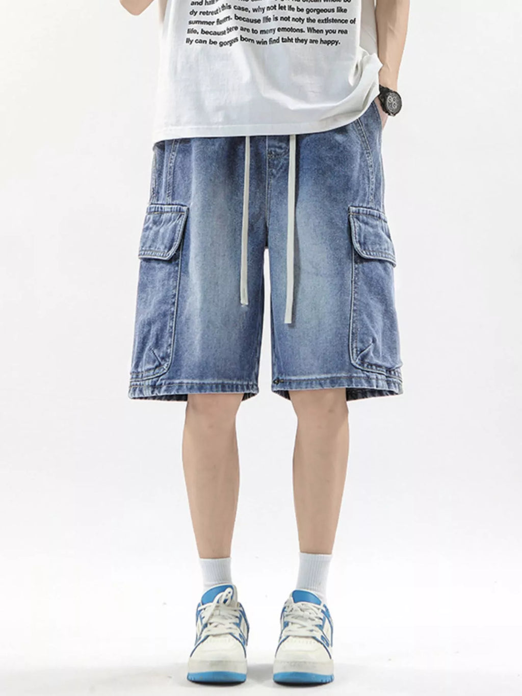 Wash Drawstring Cargo Shorts Plus Size in Cement Gray for Men
