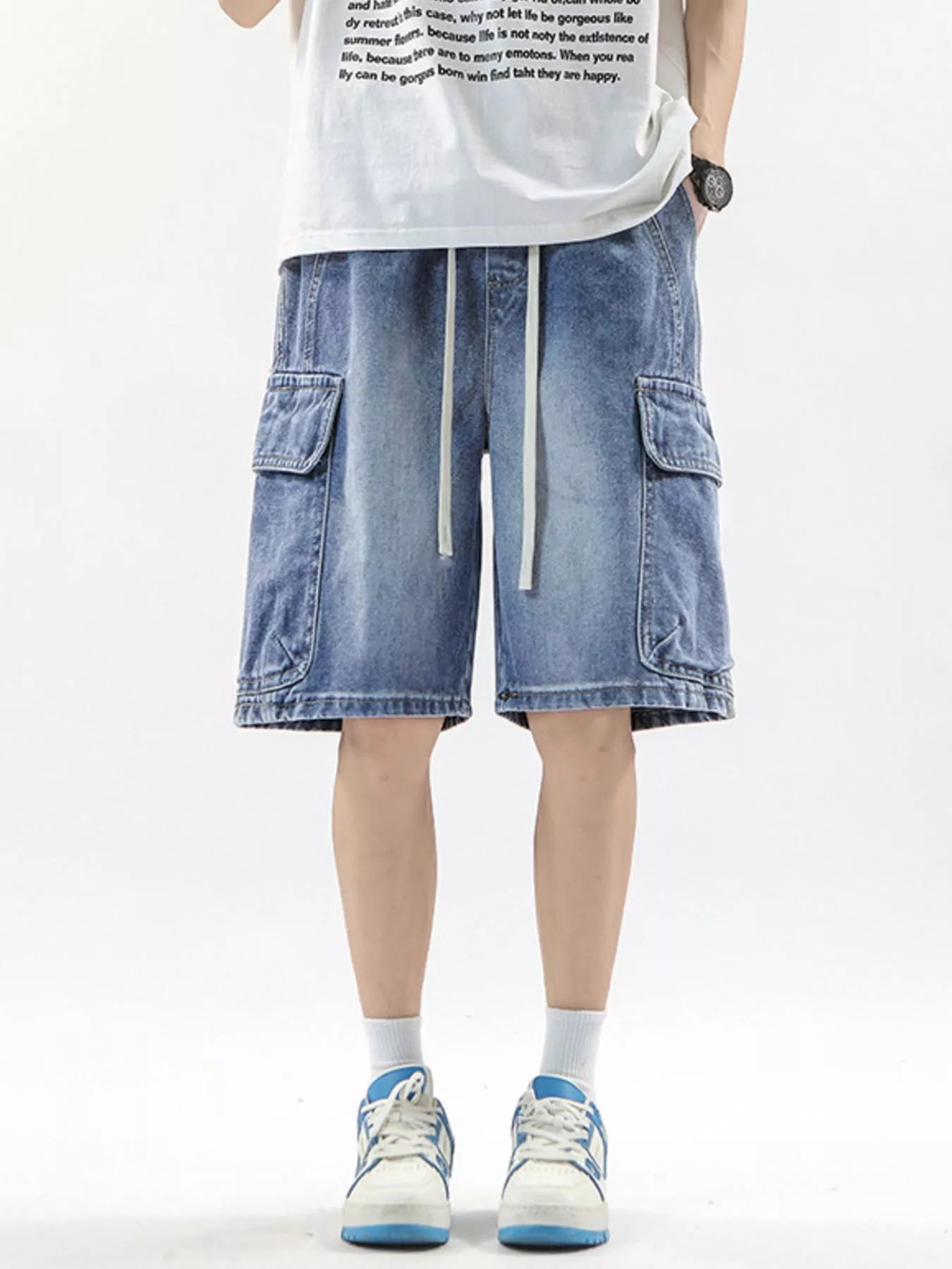 Wash Drawstring Cargo Shorts Plus Size in Cement Gray for Men