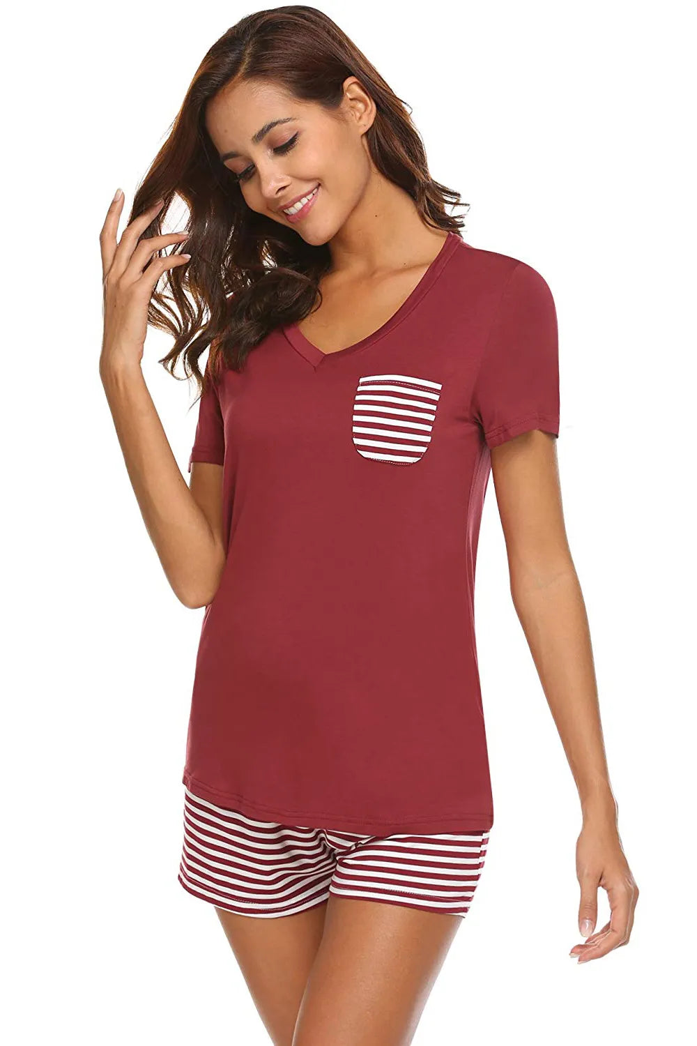 Striped Short Sleeve Top and Shorts Lounge Set in Deep Teal for Women