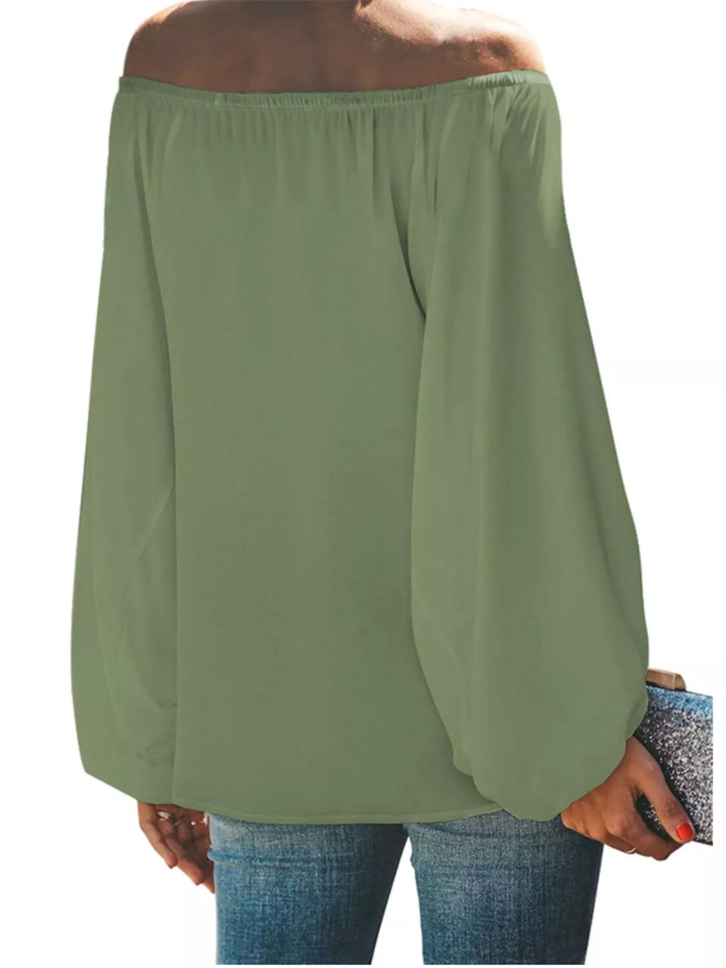 Off-Shoulder Balloon Sleeve Blouse Plus Size in White for Women