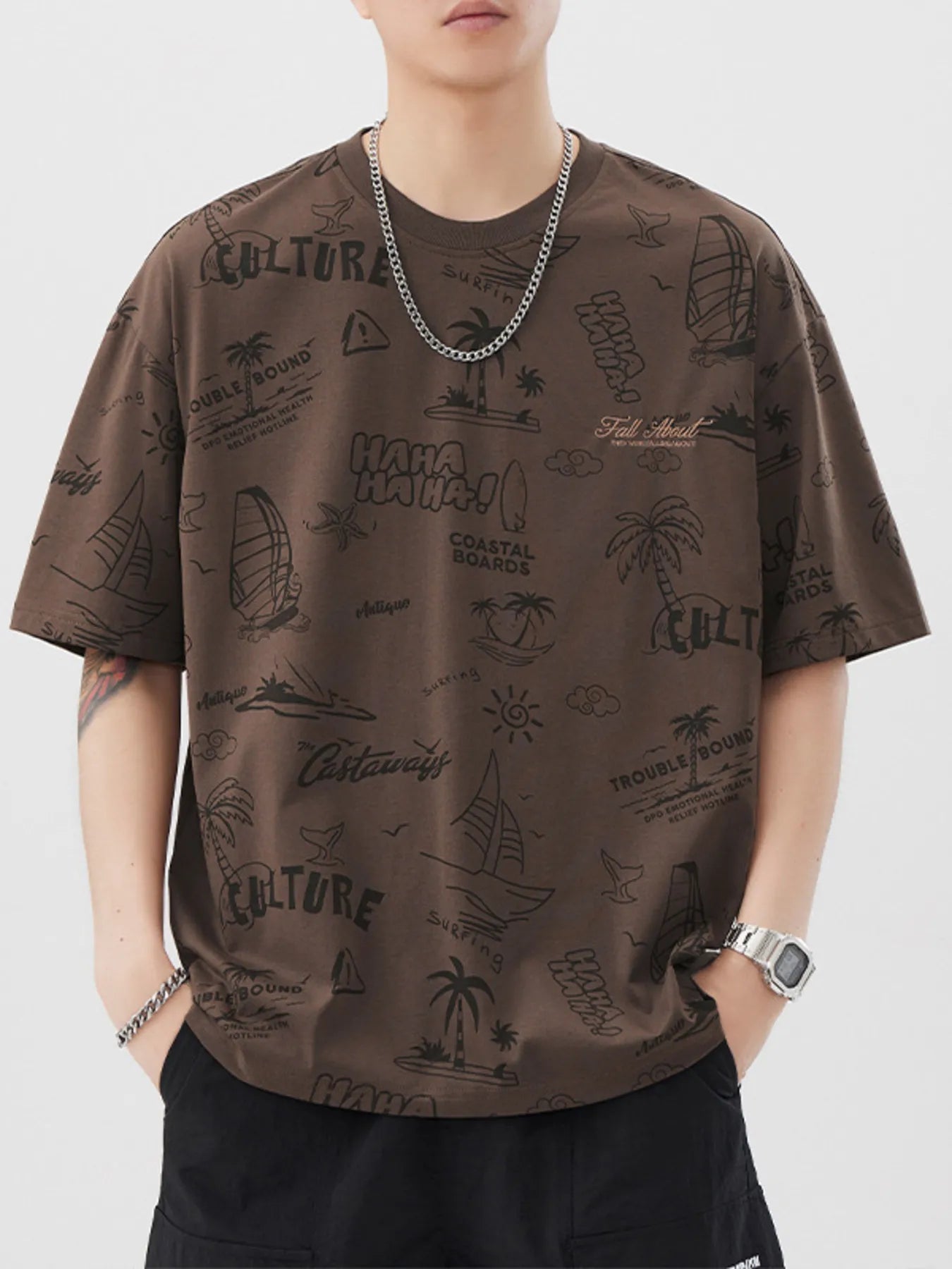 Plus Size Printed Round Neck Relaxed Fit T-Shirt in Apricot for Men