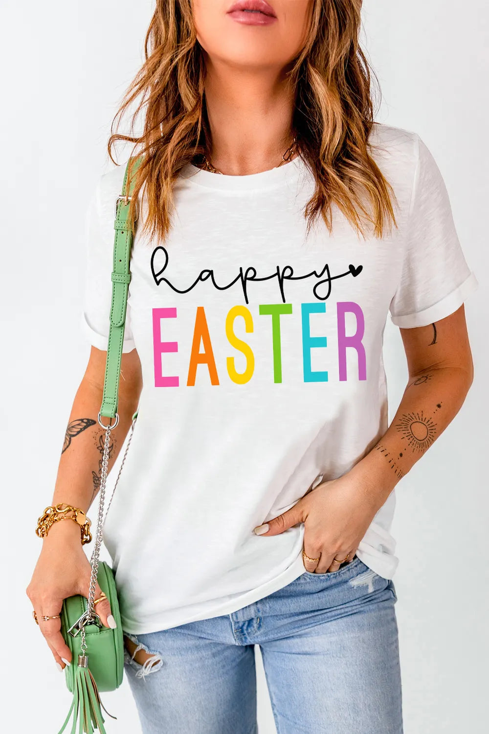 Happy Easter Round Neck Short Sleeve T-Shirt in Classic in White for Women