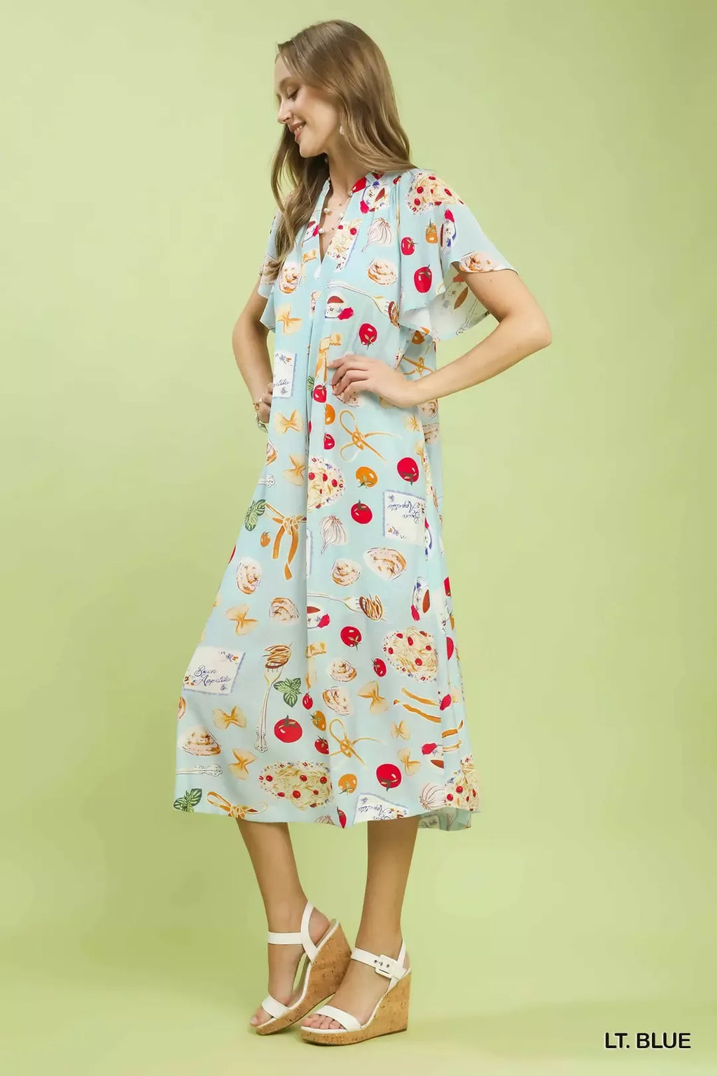 Abstract Print Flutter Sleeve Midi Dress in Light Blue for Women