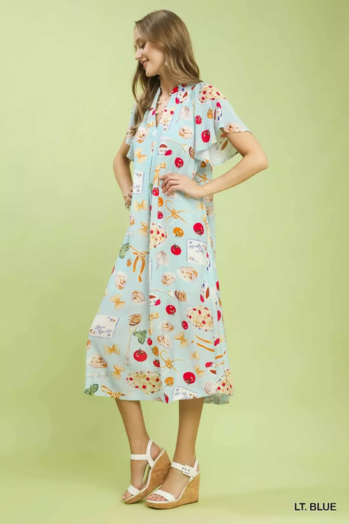 Abstract Print Flutter Sleeve Midi Dress in Light Blue for Women