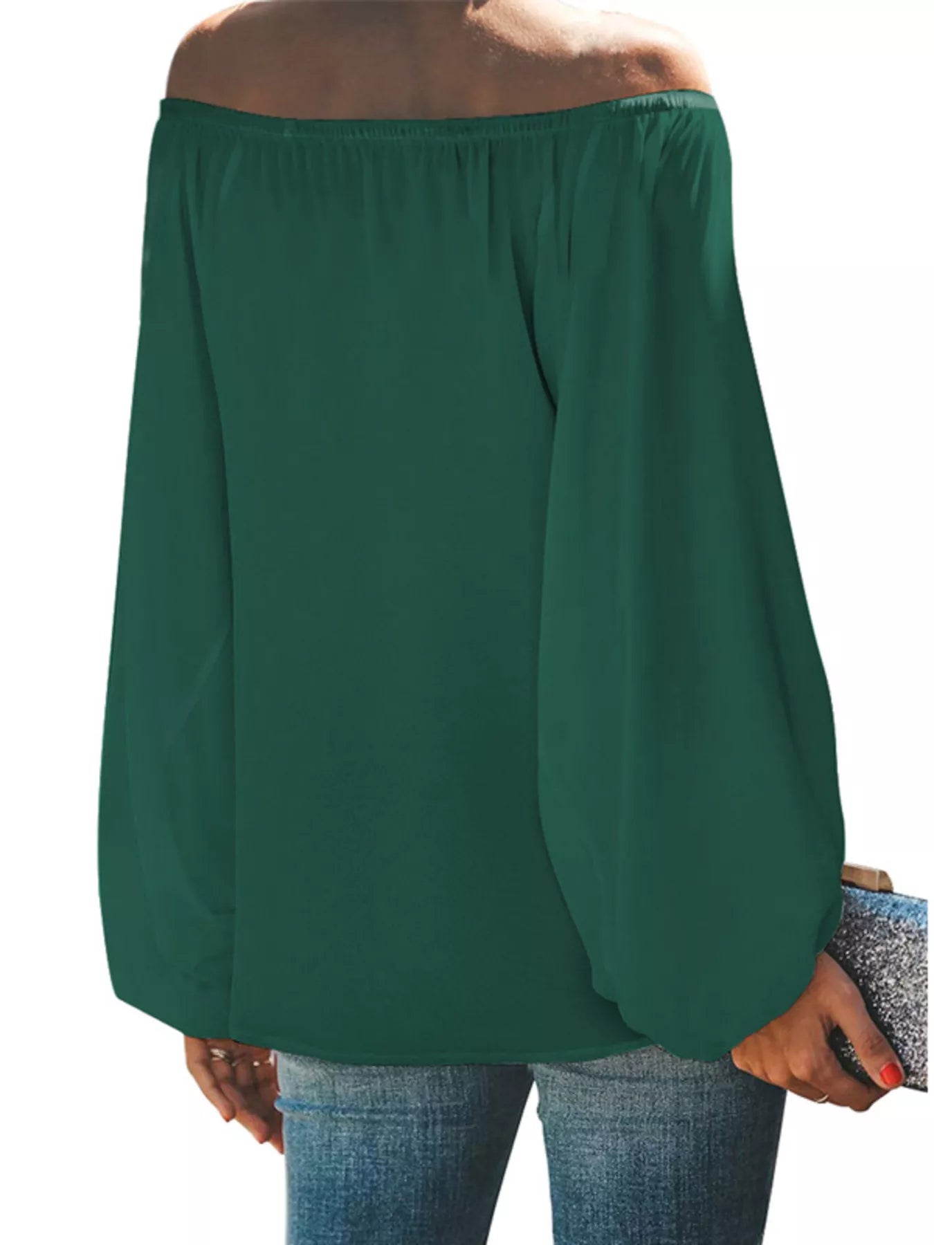 Off-Shoulder Balloon Sleeve Blouse Plus Size in White for Women